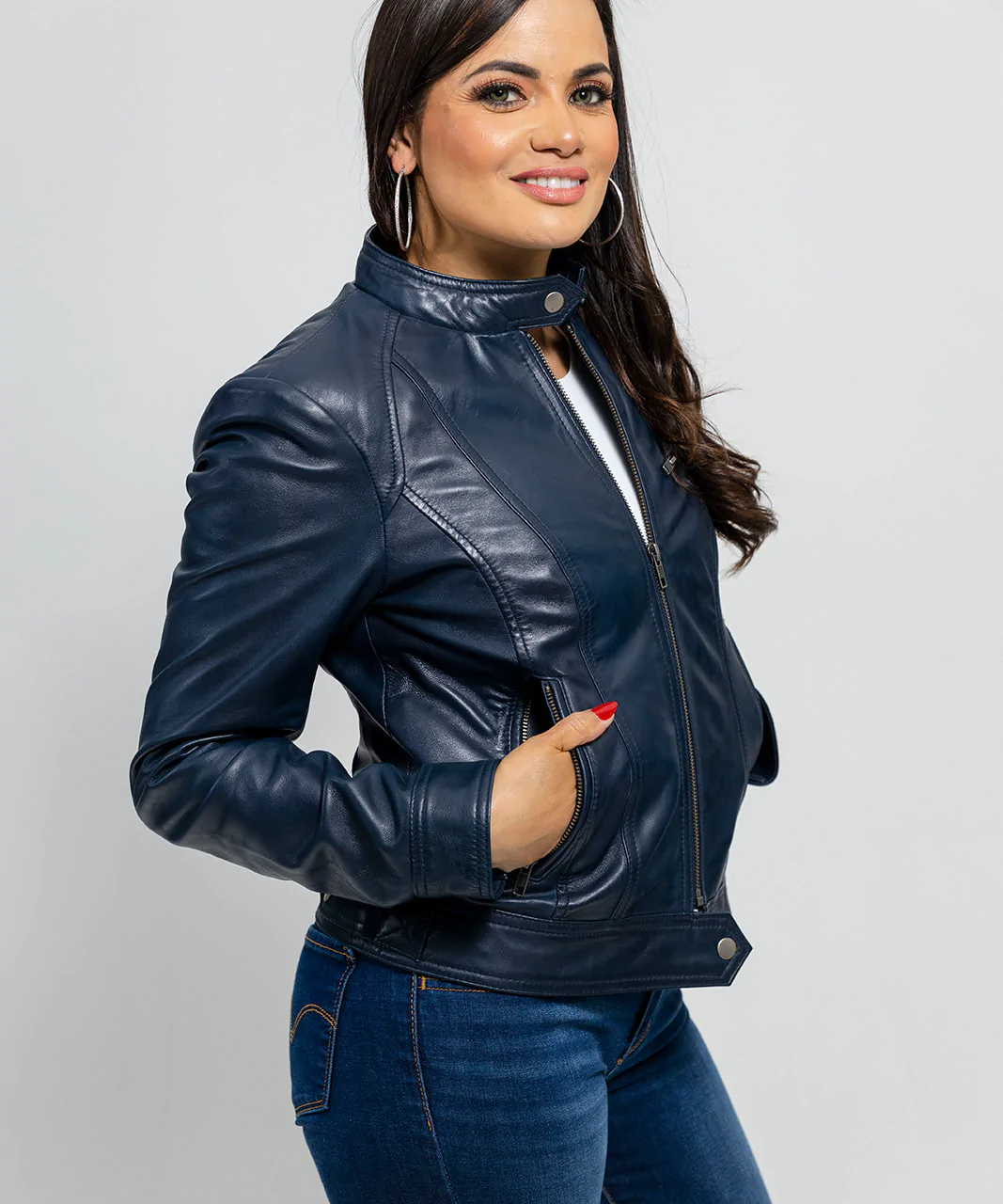 Women's Blue Genuine Leather Jacket, Women's Streetwear Genuine Leather Jacket