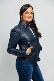 Women's Blue Genuine Leather Jacket, Women's Streetwear Genuine Leather Jacket