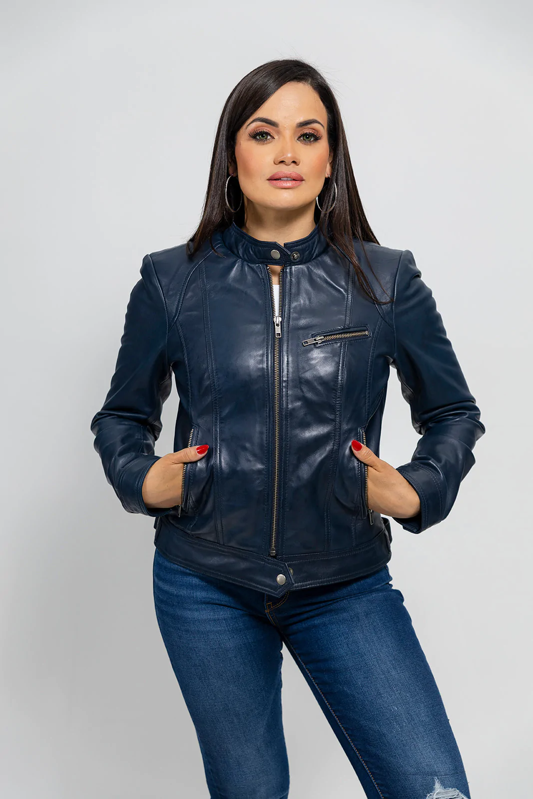 Women's Blue Genuine Leather Jacket, Women's Streetwear Genuine Leather Jacket - Image 3