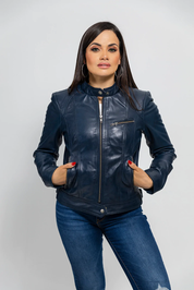 Women's Blue Genuine Leather Jacket, Women's Streetwear Genuine Leather Jacket - Image 3