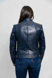 Women's Blue Genuine Leather Jacket, Women's Streetwear Genuine Leather Jacket - Image 4