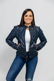 Women's Blue Genuine Leather Jacket, Women's Streetwear Genuine Leather Jacket - Image 2