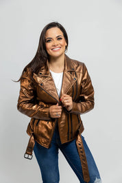 Women's Gothic Lambskin Leather Jacket, Bronze Gothic Leather Jacket for Women