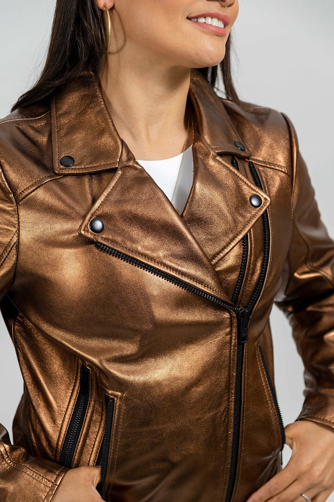 Women's Gothic Lambskin Leather Jacket, Bronze Gothic Leather Jacket for Women - Image 4