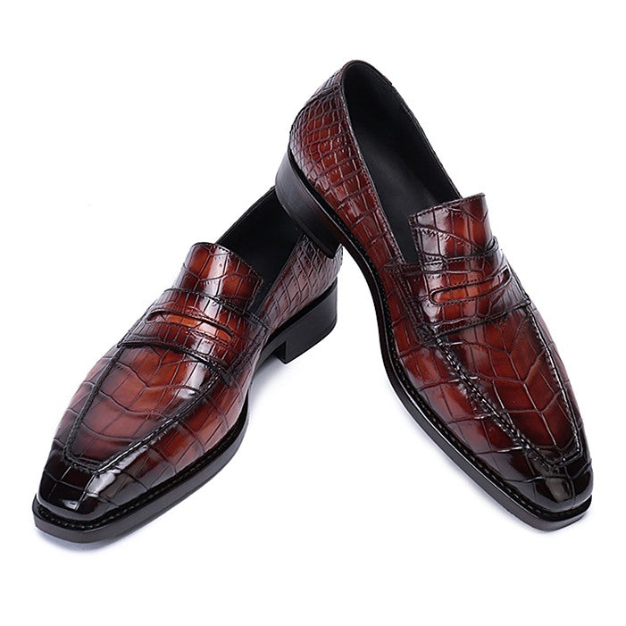 Burgundy Alligators pattern dress shoes for men, High end leather moccasins