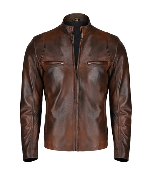 Handmade Classic Men Antique Brown Leather Bomber Jacket, Men Biker Leather Jacket