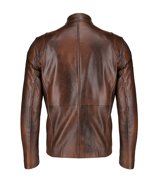 Handmade Classic Men Antique Brown Leather Bomber Jacket, Men Biker Leather Jacket - Image 2