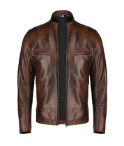 Handmade Classic Men Antique Brown Leather Bomber Jacket, Men Biker Leather Jacket - Image 3