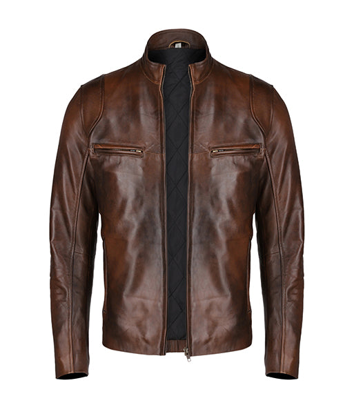 Handmade Classic Men Antique Brown Leather Bomber Jacket, Men Biker Leather Jacket - Image 3