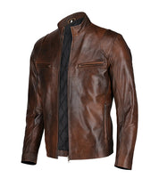 Handmade Classic Men Antique Brown Leather Bomber Jacket, Men Biker Leather Jacket - Image 4