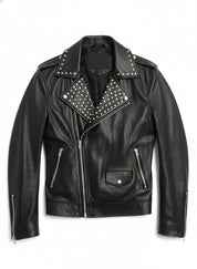 close-up-lay-flat - Fashion Leather Silver Studded Real Soft Leather Biker Style Jacket For Men