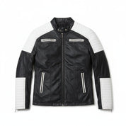 close-up-lay-flat - Handmade Mens black and white slim fit biker jacket, Men leather Jacket