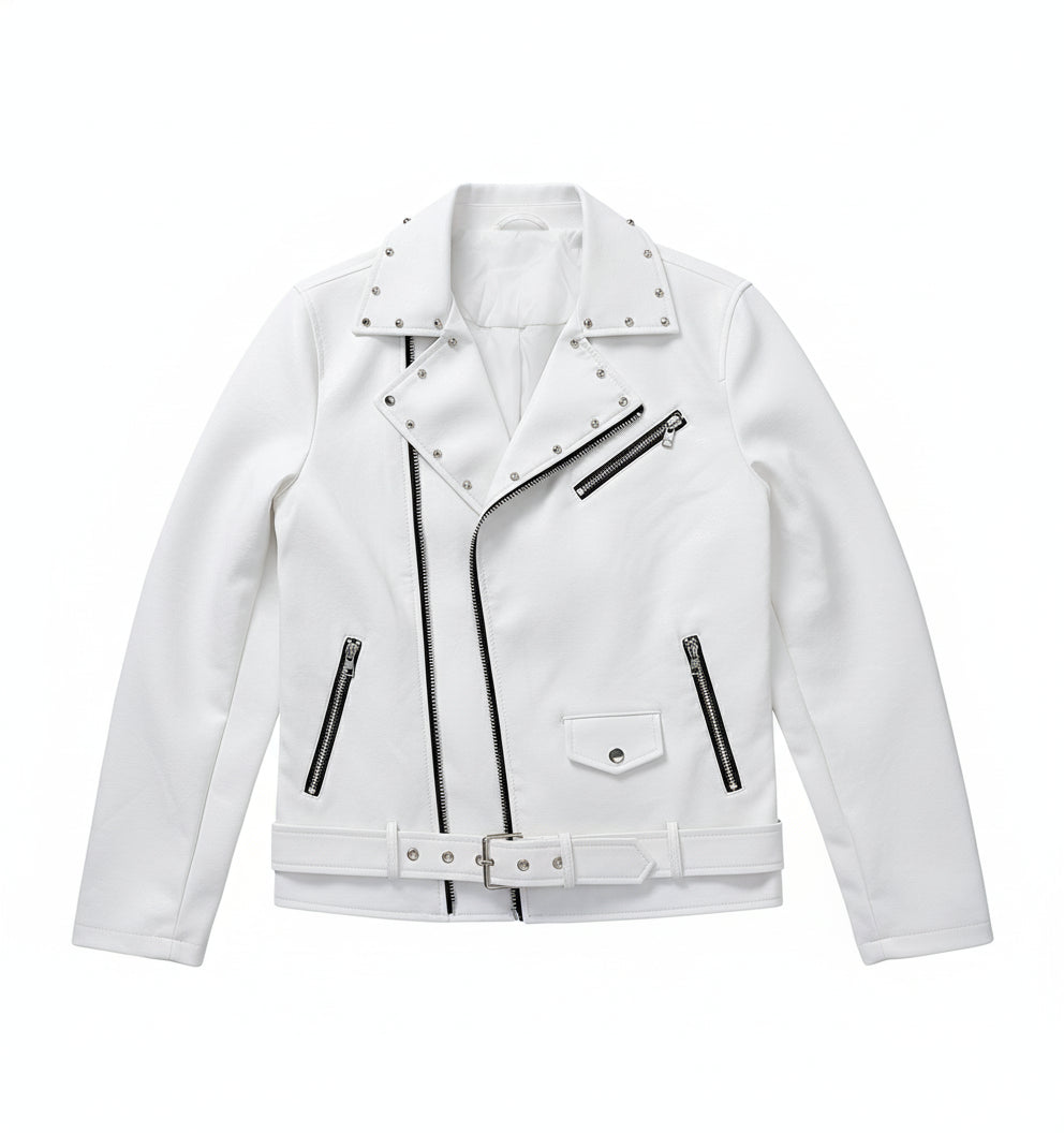 close-up-lay-flat - Handmade Mens Fashion White Biker Jacket, Mens White Studded belted Jacket