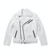 close-up-lay-flat - Handmade Mens Fashion White Biker Jacket, Mens White Studded belted Jacket