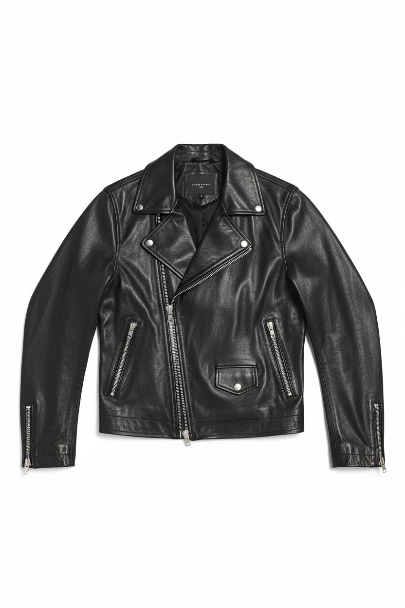 close-up-lay-flat - Men Black Motorcycle Leather Jacket Leather Jacket, Leather Jackets