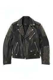 close-up-lay-flat - Men Casual Black Silver Studded Rocker Punk Style Biker Leather Jacket