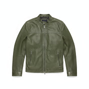 close-up-lay-flat - Men Green Slim fit leather jacket, real leather biker jacket