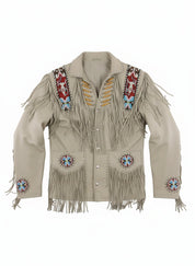 close-up-lay-flat - Men Sculley Beige Finished Cow Suede Leather Jacket Western Wear Beads & Fringe