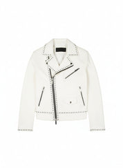 close-up-lay-flat - Men White Studded Leather Jacket, Motorcycle Fashion Leather Jackets