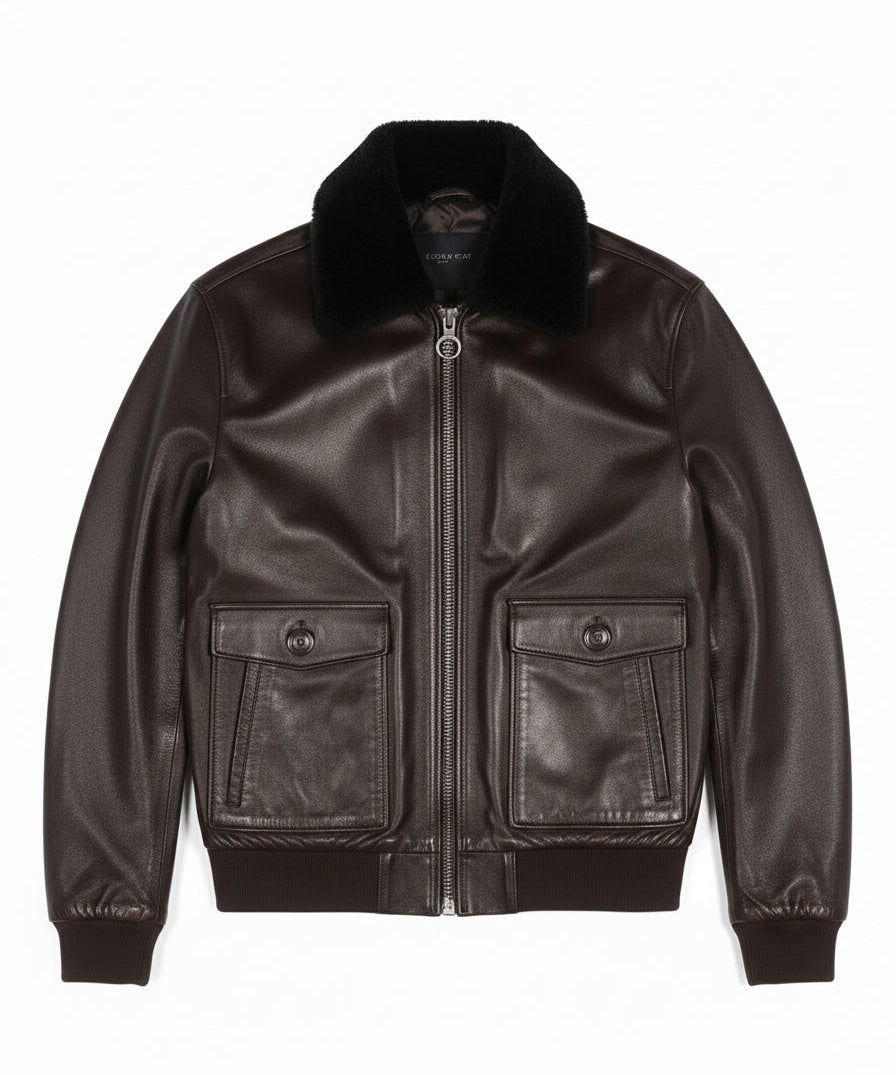 close-up-lay-flat - Men's Bomber Leather Jacket, Leather Bomber Jacket, Men's Leather Flight Jacket, Smooth Leather Bomber Jacket