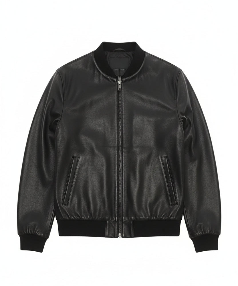 close-up-lay-flat - Men's Bomber Leather Jacket, Smooth Leather Bomber, Classic Bomber Jacket, Leather Flight Jacket