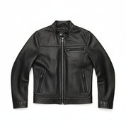 close-up-lay-flat - Men's Cafe Racer Leather Jacket, Black Leather Jacket, Distressed Leather Jacket, Slim Fit Leather Jacket