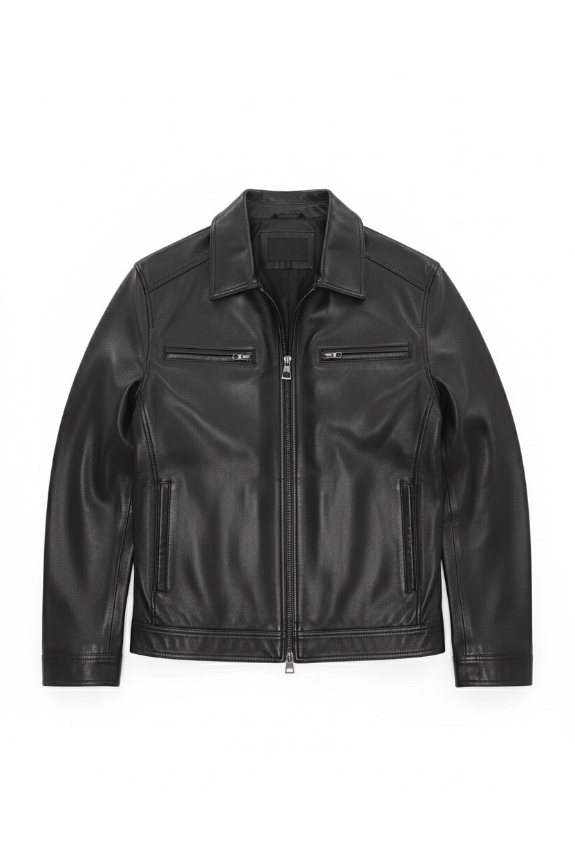 close-up-lay-flat - Men's Cafe Racer Leather Jacket, Motorcycle Leather Jacket, Handmade Biker Jacket