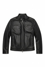 close-up-lay-flat - Men's Cafe Racer Leather Jacket, Smooth Leather Biker Jacket, Men's Motorcycle Jacket, Leather Moto Jacket
