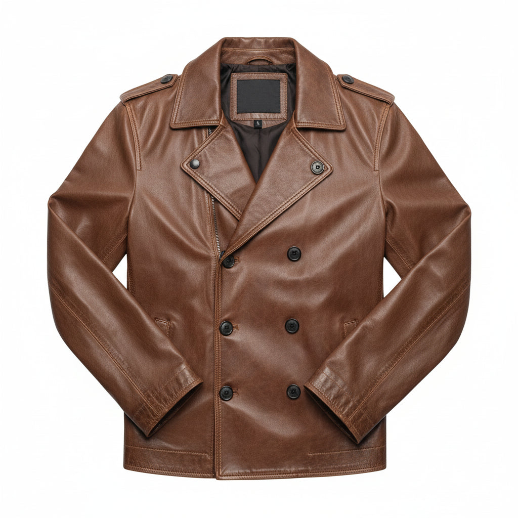 close-up-lay-flat - Men's Double-Breasted Leather Pea Coat, Military-Inspired Leather Jacket, Leather Military Jacket