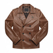 close-up-lay-flat - Men's Double-Breasted Leather Pea Coat, Military-Inspired Leather Jacket, Leather Military Jacket
