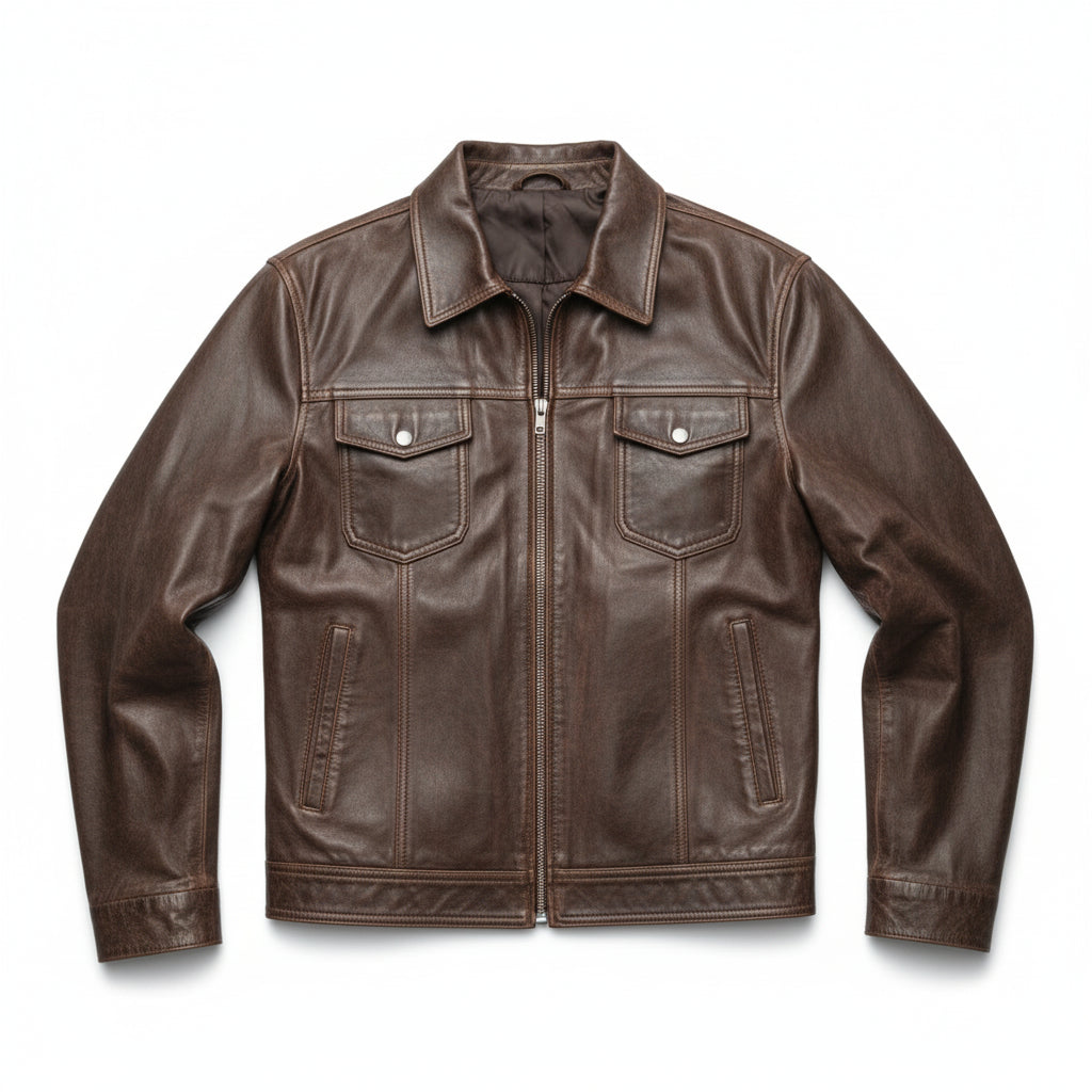 close-up-lay-flat - Men's Field Jacket Leather Jacket, Leather Trucker Jacket, Men's Outdoor Leather Jacket, Distressed Leather Jacket