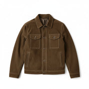close-up-lay-flat - Men's Field Jacket, Suede Trucker Jacket, Brown Suede Jacket, Suede Outdoor Jacket
