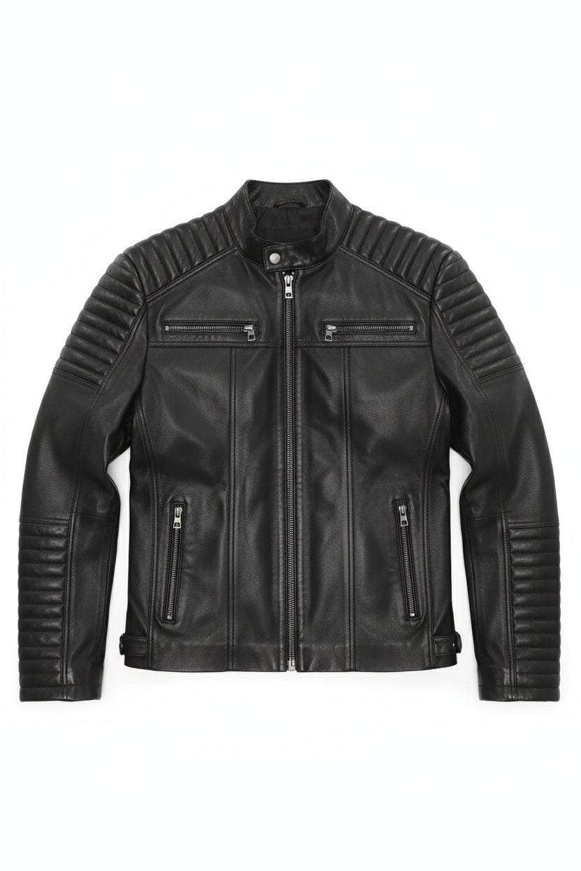 close-up-lay-flat - Men's Moto Leather Jacket, Racer Style Jacket, Leather Motorcycle Jacket, Biker Jacket