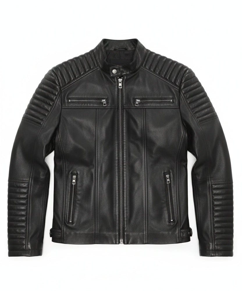 close-up-lay-flat - Men's Moto Leather Jacket, Racer Style Jacket, Leather Motorcycle Jacket, Biker Jacket