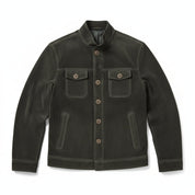 close-up-lay-flat - Men's Shirt Jacket, Men's Utility Jacket, Olive Green Suede Jacket, Casual Suede Jacket