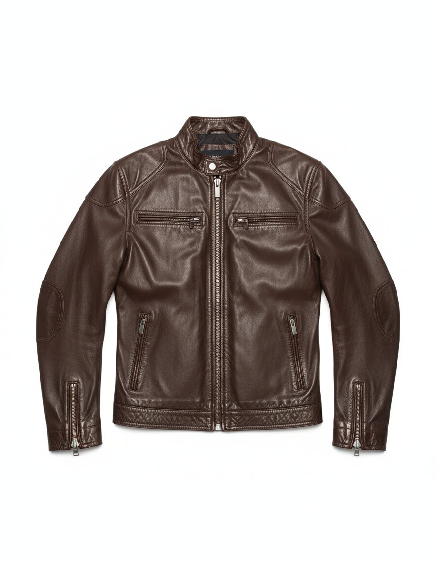 close-up-lay-flat - Men's Slim Fit Brown Leather Jacket