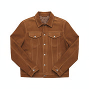 close-up-lay-flat - Men's Trucker Suede Jacket, Brown Suede Jacket, Casual Men's Jacket, Button Front Suede Jacket