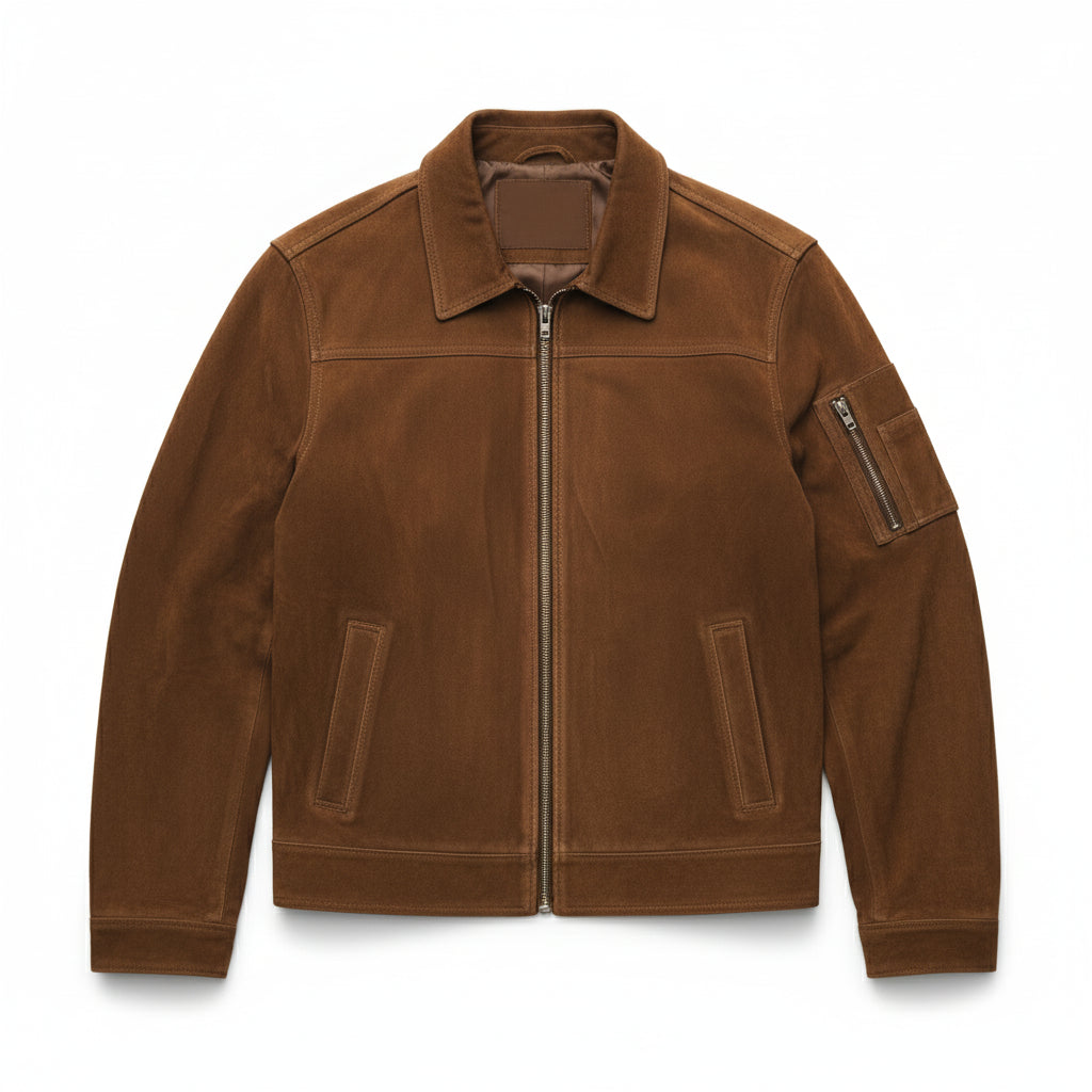 close-up-lay-flat - Men's Trucker Suede Jacket, Suede Biker Jacket, Men's Casual Suede Jacket, Suede Moto Jacket