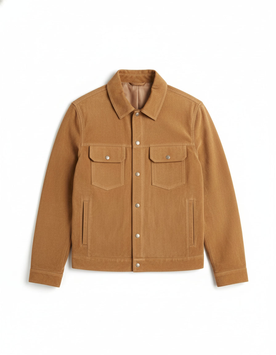 close-up-lay-flat - Men's Trucker Suede Jacket, Suede Truck Jacket, Men's Casual Suede Jacket