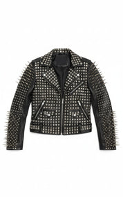 close-up-lay-flat - Punk Handmade Women Black Leather Studded Moto Jacket, Rock Jacket