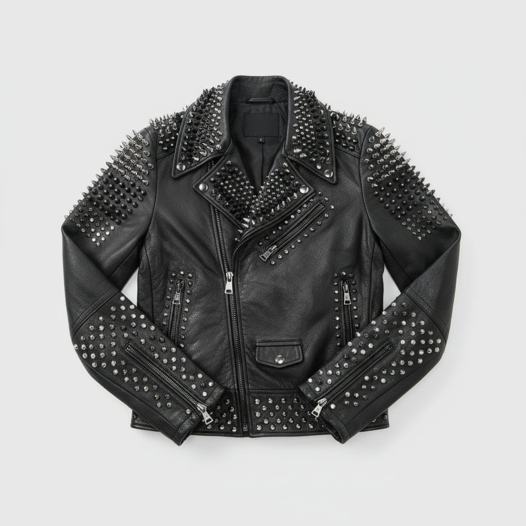 close-up-lay-flat - Punk Men Make to Order Rock Studded Jacket, Moto Biker Jacket