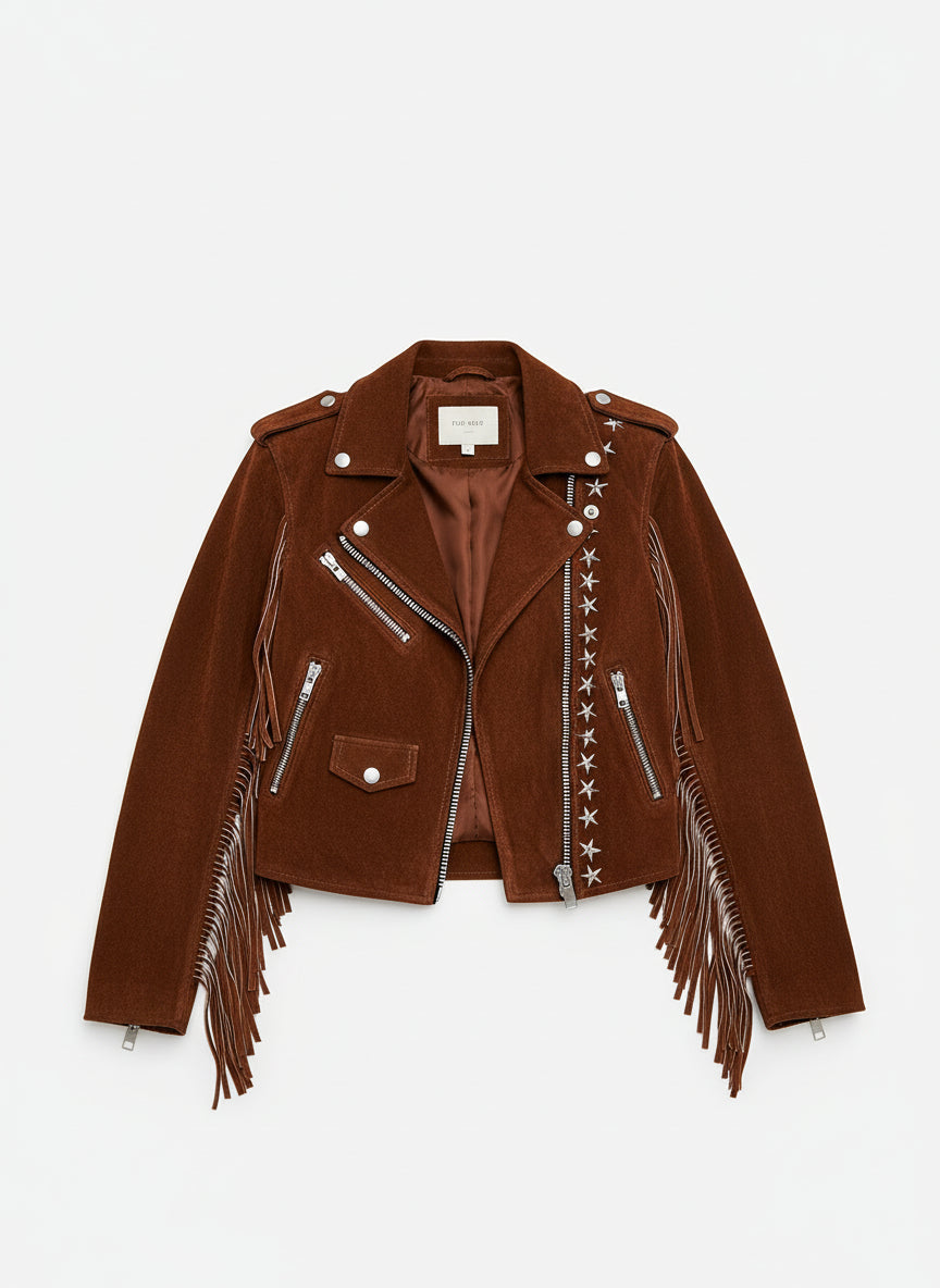 close-up-lay-flat - Punk Women Brown Rock Style Studded Fringe Jacket, Biker Suede Jacket