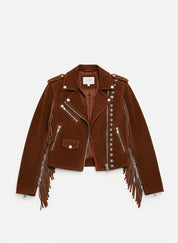 close-up-lay-flat - Punk Women Brown Rock Style Studded Fringe Jacket, Biker Suede Jacket