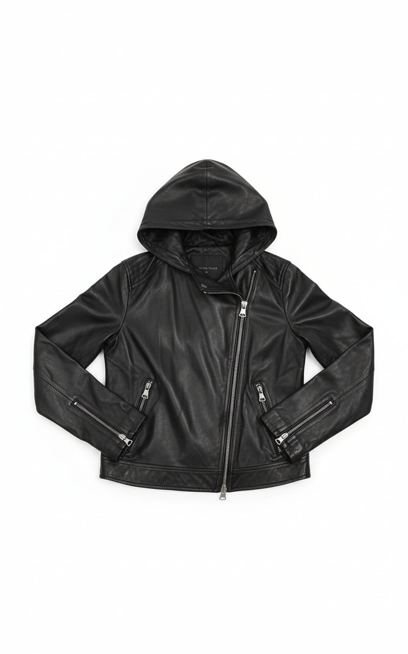 close-up-lay-flat - Women's Asymmetrical Moto Leather Jacket, Leather Hooded Jacket, Women's Biker Jacket, Women's Motorcycle Jacket