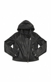 close-up-lay-flat - Women's Asymmetrical Moto Leather Jacket, Leather Hooded Jacket, Women's Biker Jacket, Women's Motorcycle Jacket