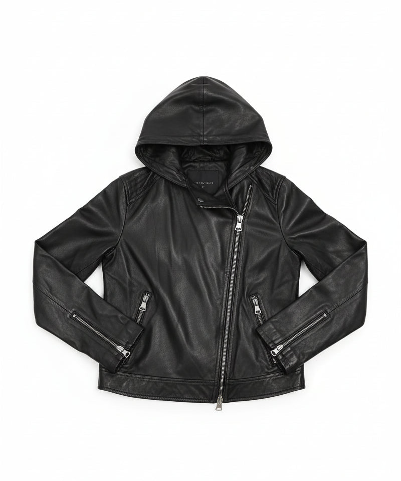 close-up-lay-flat - Women's Asymmetrical Moto Leather Jacket, Leather Hooded Jacket, Women's Biker Jacket, Women's Motorcycle Jacket