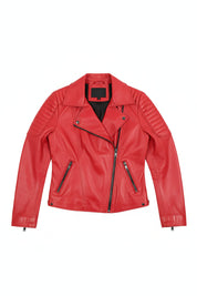 close-up-lay-flat - Women's Biker Leather Jacket, Women's Moto Jacket, Red Leather Jacket, Handmade Biker Jacket