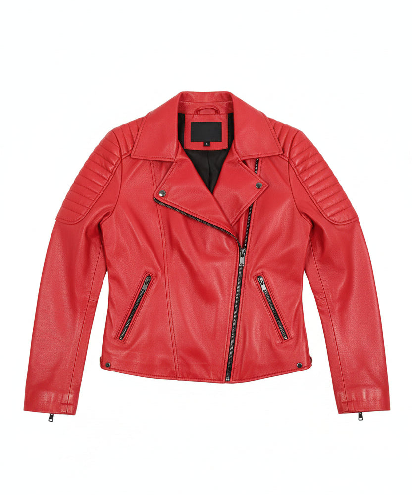 close-up-lay-flat - Women's Biker Leather Jacket, Women's Moto Jacket, Red Leather Jacket, Handmade Biker Jacket
