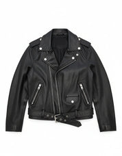 close-up-lay-flat - Women's Black Leather Biker Jacket