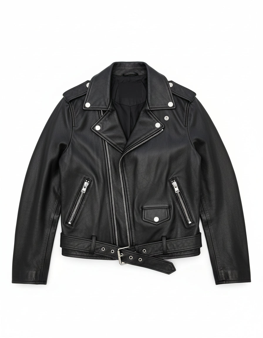 close-up-lay-flat - Women's Black Leather Biker Jacket